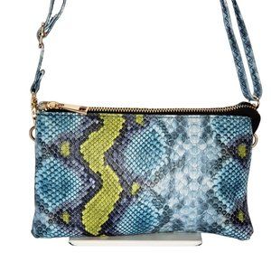 Caroline Hill Blue Yellow Snakeskin Leather 3 Compartment Crossbody Sling Bag
